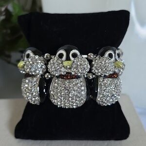 Silver Statement Bracelet Rhinestone Black Enamel Penguins